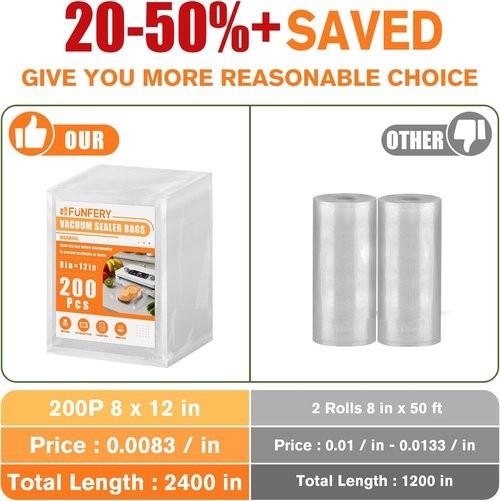 FUNFERY Vacuum Sealer Bags - 200 Quart, 8" x 12" | BPA-Free for Food Storage & Sous Vide Cooking