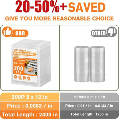 FUNFERY Vacuum Sealer Bags - 200 Quart, 8" x 12" | BPA-Free for Food Storage & Sous Vide Cooking