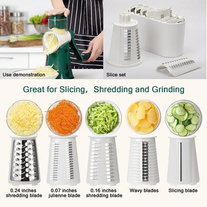 Rotary cheese grater - hand-cranked,5in1 washable & easy to clean - perfect for chefs, cuts cheese, veggies, fruits, nuts, crackers - upgraded model with strong suction-Hand Crank Cheese Grater