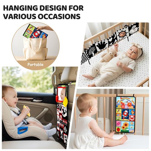 3PCS High Contrast Black & White Baby Toys - Tummy Time Mirror Infant Toys with Crinkle Cloth and Teether, Visual Stimulation Sensory Books for Newborns 0 3 6 12 Months, Shower Gift, Stocking Stuffers