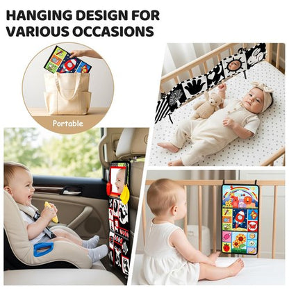 3PCS High Contrast Black & White Baby Toys - Tummy Time Mirror Infant Toys with Crinkle Cloth and Teether, Visual Stimulation Sensory Books for Newborns 0 3 6 12 Months, Shower Gift, Stocking Stuffers