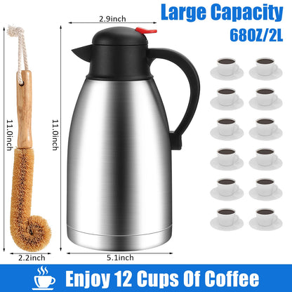 68 Oz Thermal Coffee Carafe,2 Liter Stainless Steel Thermos Carafe,Double Wall Insulated Coffee Server,Fully Sealed Coffee Thermos Dispenser Keep Hot 12 Hours,Vacuum Thermal Pot for Coffee Tea