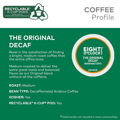 Eight O'Clock Coffee Decaf Medium Roast K-Cup Pods - Single-Serve, 60 Count Pack