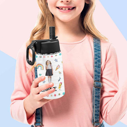 Personalized Kids Water Bottle with Straw for Boys Girls Custom Sports Water Cup with Kids Name Photo Customized Cute Water Bottle Gift for Grandchildren Toddler Children Birthday Back to School12oz