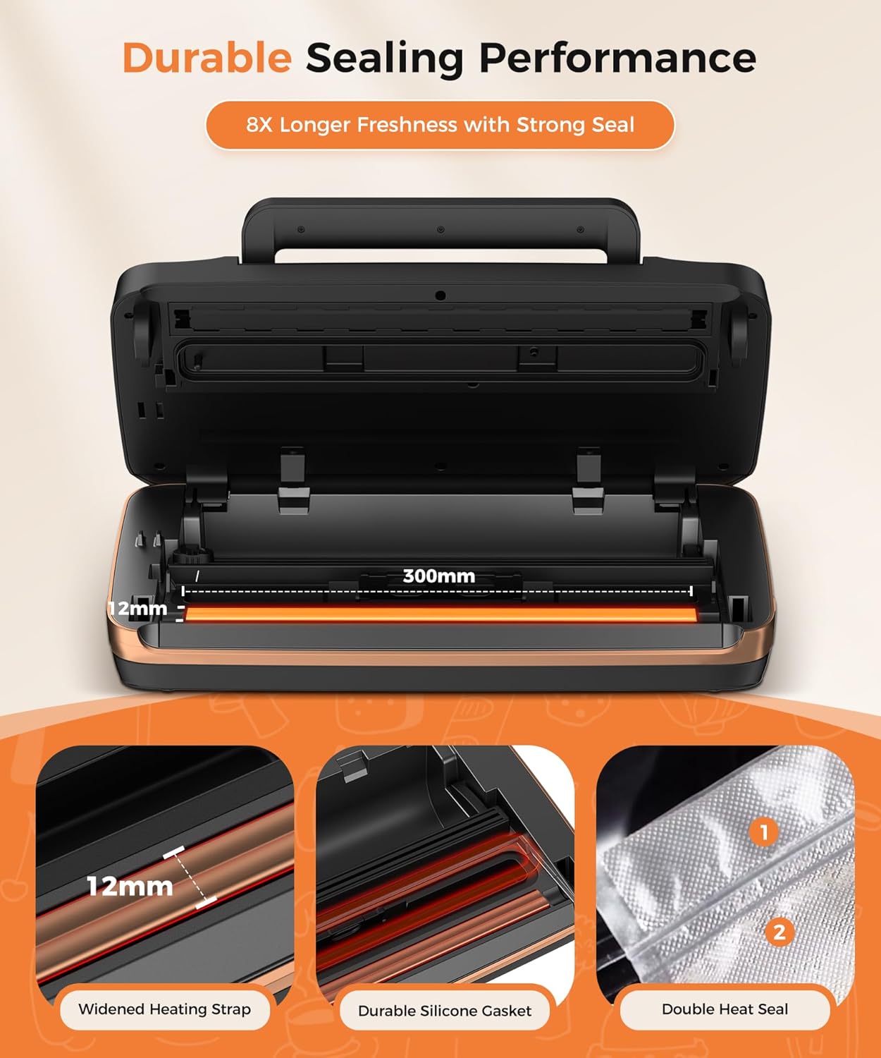 Vacuum Sealer Machine - 95kpa Commercial Food Sealer with Double Heat Seal | Easy-Lock Handle & Built-in Cutter (Black)