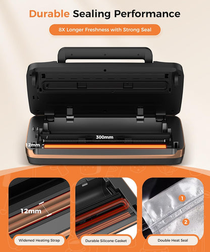 Vacuum Sealer Machine - 95kpa Commercial Food Sealer with Double Heat Seal | Easy-Lock Handle & Built-in Cutter (Black)