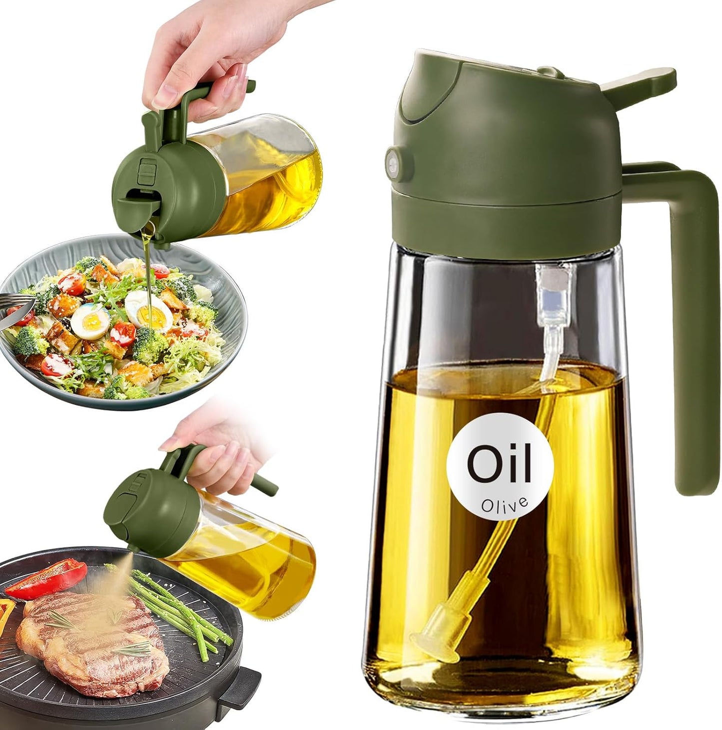 YARRAMATE Glass Olive Oil Sprayer - 2-in-1 Food Grade Premium Dispenser | 16oz Olive Green for Cooking & BBQ