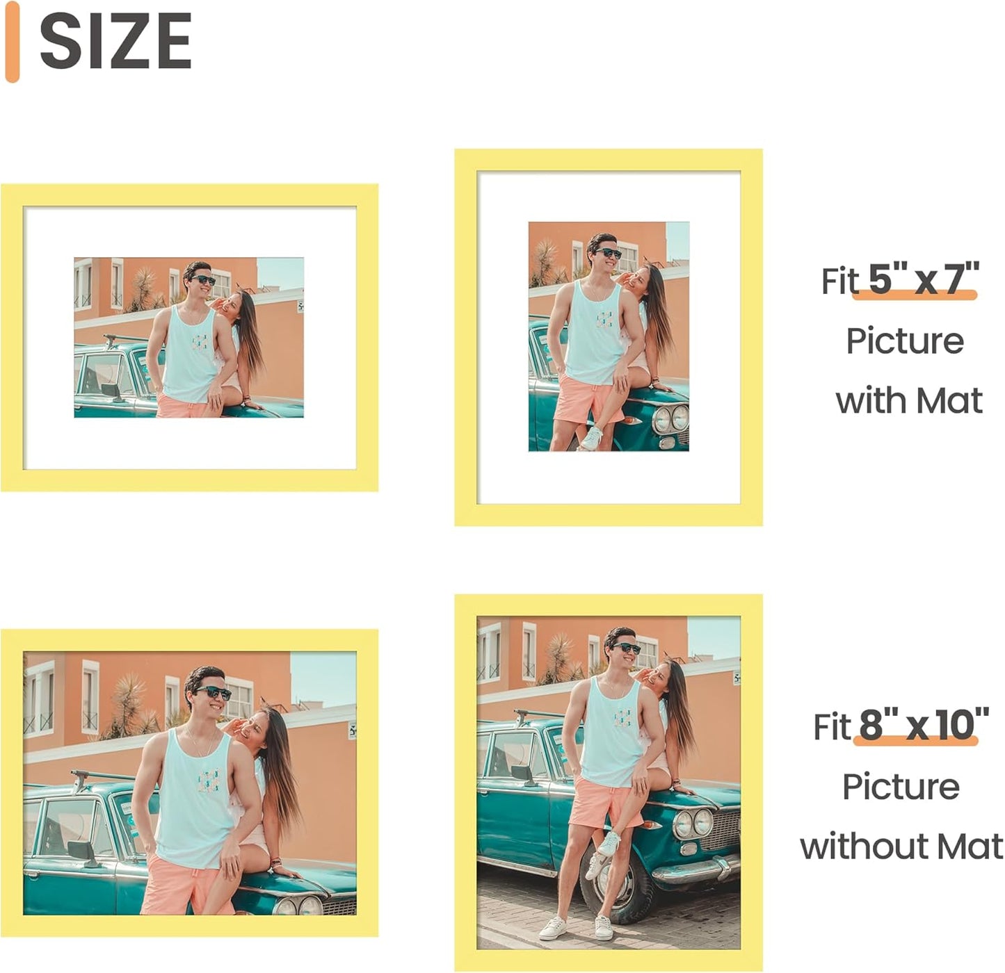 Upsimples 8x10 Picture Frame - Versatile Display for 5x7 with Mat or 8x10 Without - Yellow, 1 Pack