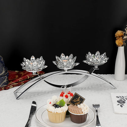 OwnMy 3 Arms Crystal Lotus Tealight Candle Holders Crystal Lotus Flower Votive Candle Stands, Decorative 3-Arms Crystal Lotus Candelabra Metal Crystal Lotus Candlestick Holder for Table Centerpiece