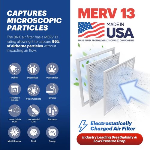 BNX TruFilter MERV 13 Air Filters 16x25x1 (6-Pack) - Electrostatic Pleated for Allergies & Smoke