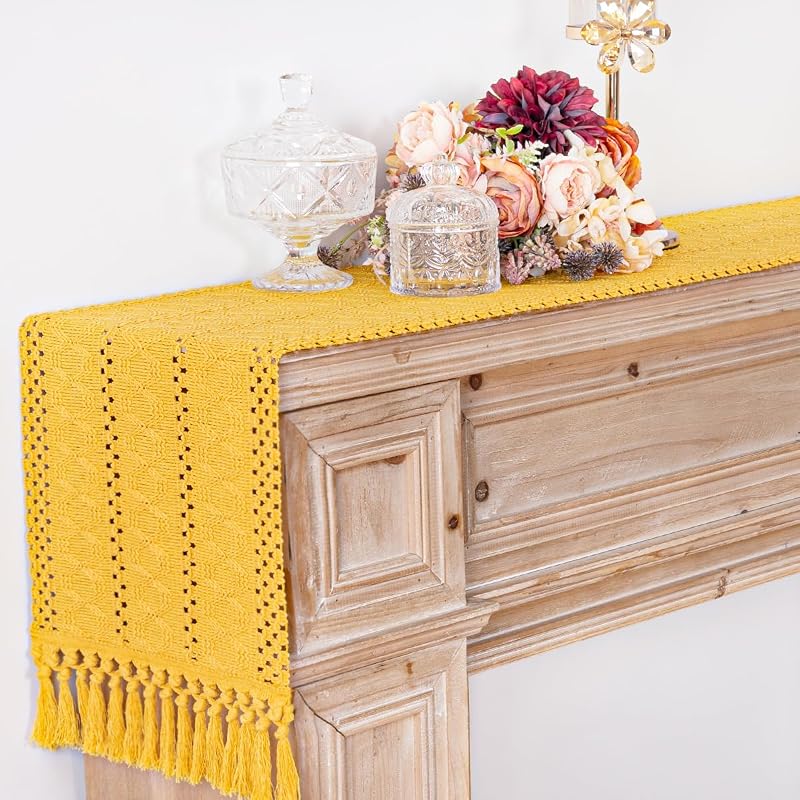 Mustard Yellow Macrame Table Runner 12 x 60 Inches with Tassels - Cotton Linen Blend, Boho Farmhouse Home Decor