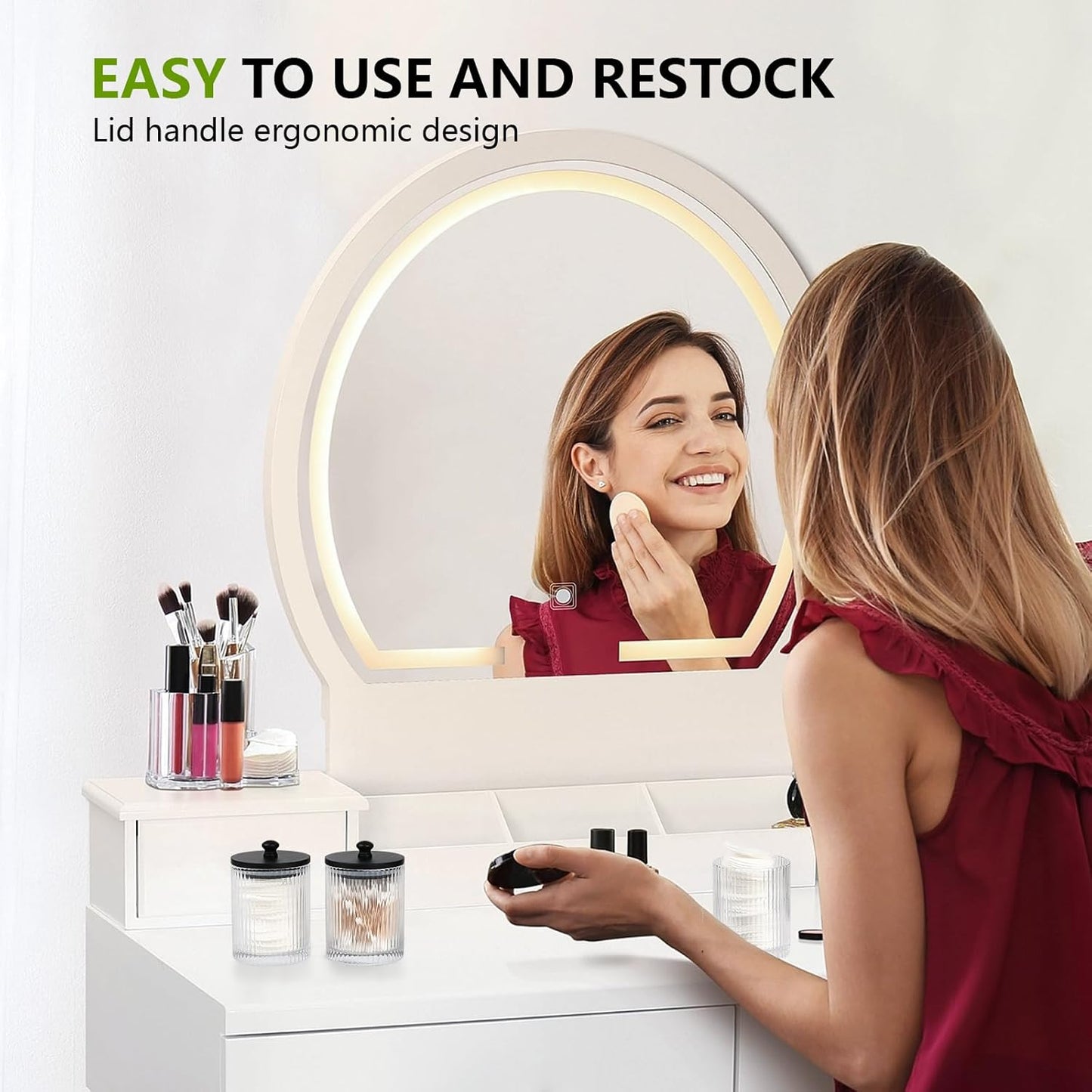 Skiennix 3-Pack Qtip Holder - Elegant Bathroom Organizers with Glass Apothecary Jars & Lids