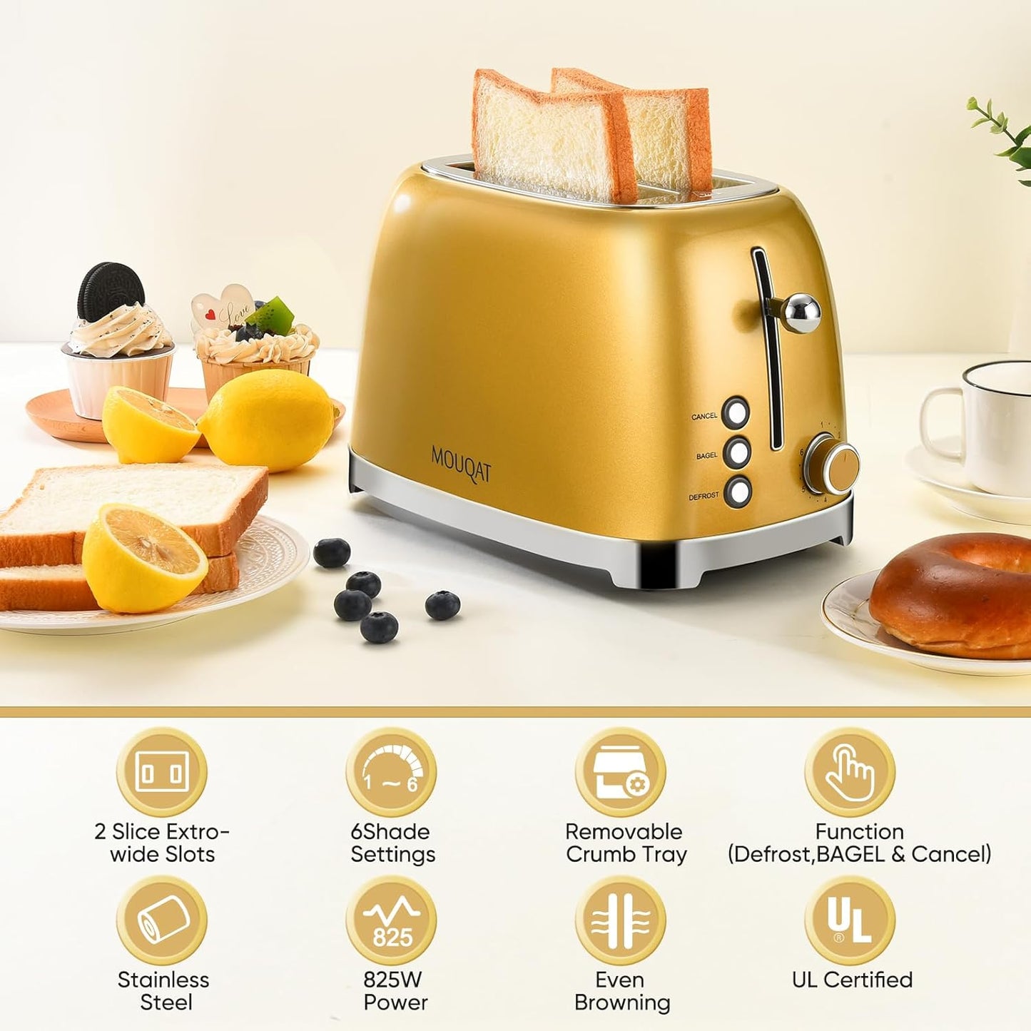 Skiennix Gold 2-Slice Toaster - Wide Slot Stainless Steel with 6 Shade Settings & Removable Crumb Tray
