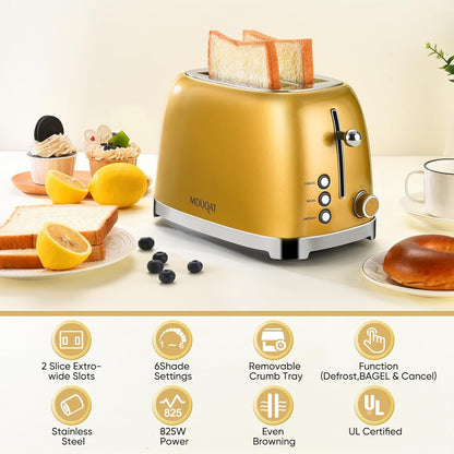 Skiennix Gold 2-Slice Toaster - Wide Slot Stainless Steel with 6 Shade Settings & Removable Crumb Tray