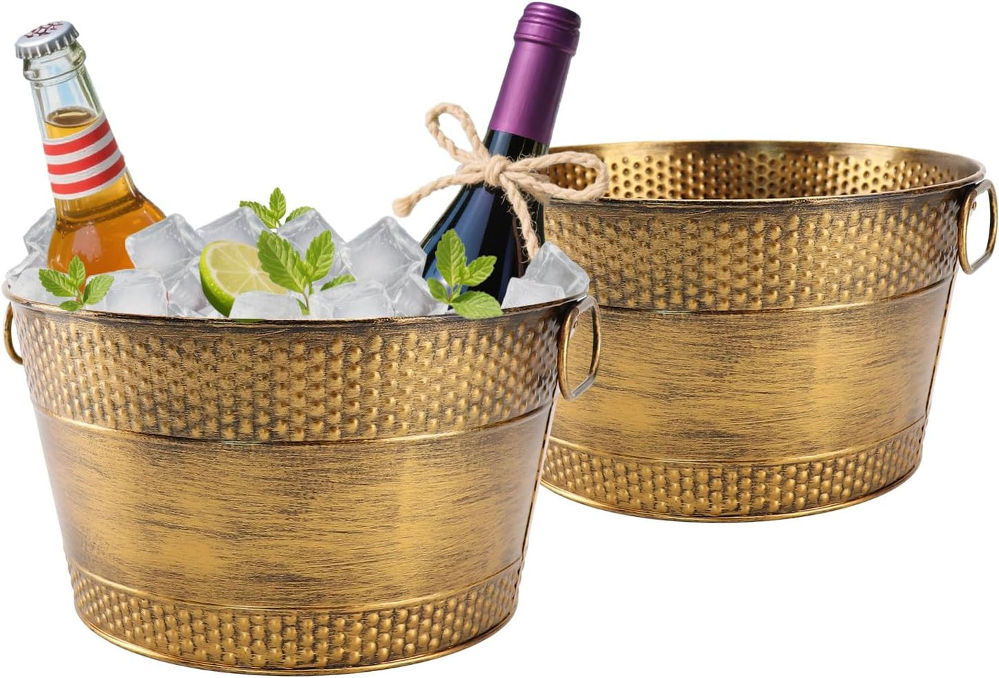 Metal Ice Bucket Galvanized Beverage Tub, Drink Buckets Large Cooler for Wine Beer Champagne Cocktails for Catering, Bars, Parties, Outdoor Events 2PCS Copper Upgrape (Copper-2PCS)