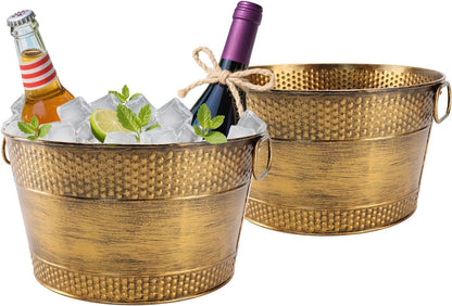 Metal Ice Bucket Galvanized Beverage Tub, Drink Buckets Large Cooler for Wine Beer Champagne Cocktails for Catering, Bars, Parties, Outdoor Events 2PCS Copper Upgrape (Copper-2PCS)