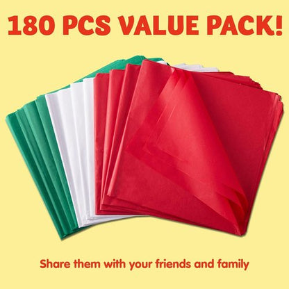 JOYIN Christmas Tissue Paper Assortment - 180 Sheets (20" x 20") in Red, Green & White for Easy Gift Wrapping