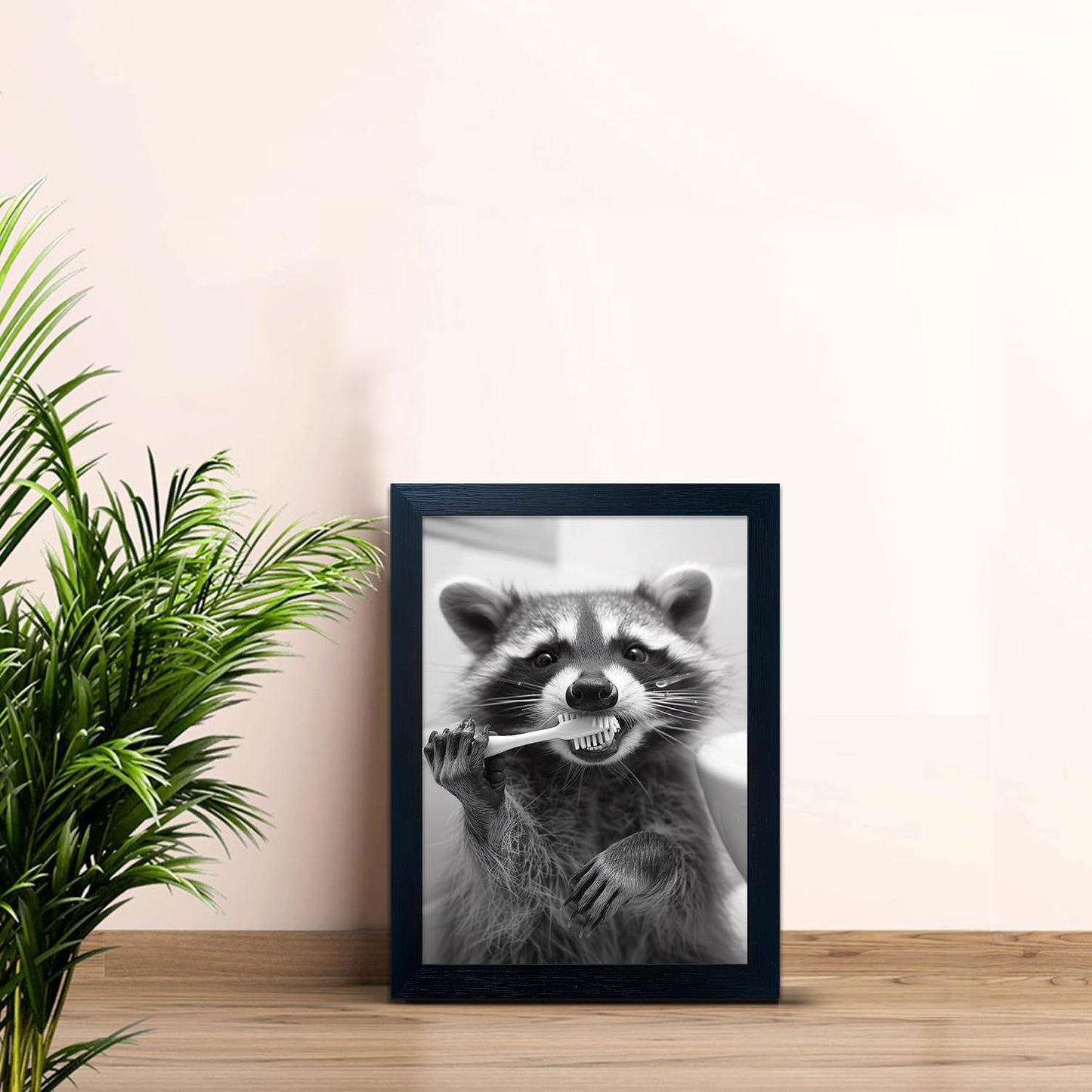 Raccoon Bathroom Art - Funny Black and White Animal Wall Decor | Framed Print for Farmhouse Style