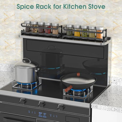 LUCYCAZ 2 Pack Wall Mounted Spice Rack with 8 Hooks, Spice Organizer Shelf for Stove Cabinet Pantry Door,Screw or Adhesive Spice Shelf Hanging Wall Spice Rack in Kitchen and RV (Black, 2 PACK)