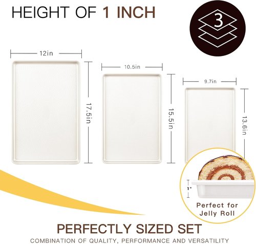 HONGBAKE Nonstick Ceramic Baking Sheet Pan Set - 3 Pack Half/Quarter/Jelly Roll Pans, 0.8mm Aluminized Steel, Cream