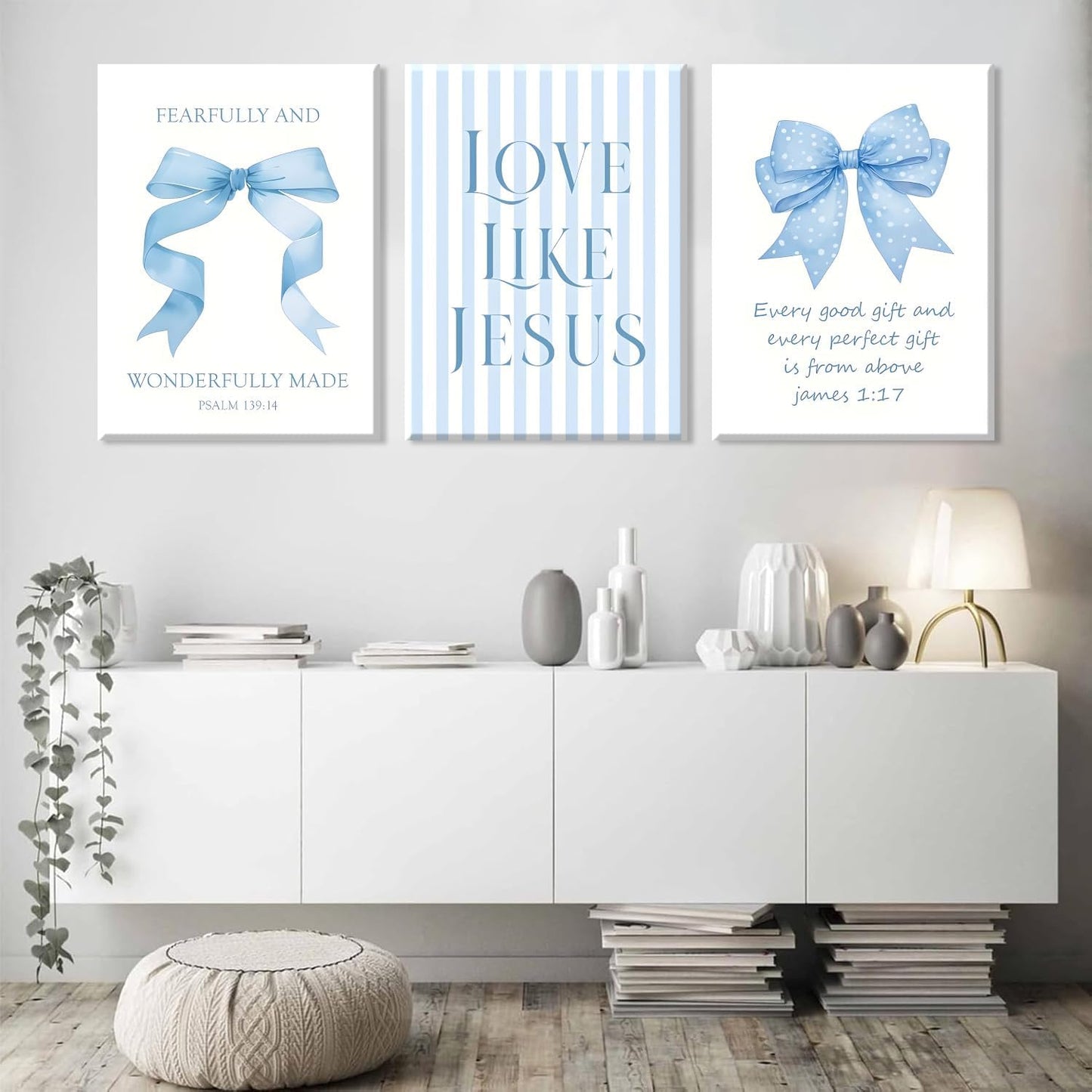 Blue Bow Jesus Canvas Wall Art - Inspirational Bible Verse Decor for Dorm Room | 12x16 Inch Framed