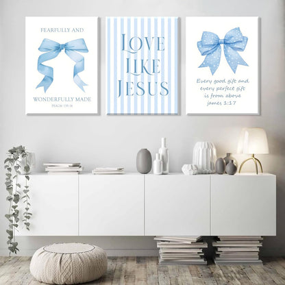 Blue Bow Jesus Canvas Wall Art - Inspirational Bible Verse Decor for Dorm Room | 12x16 Inch Framed
