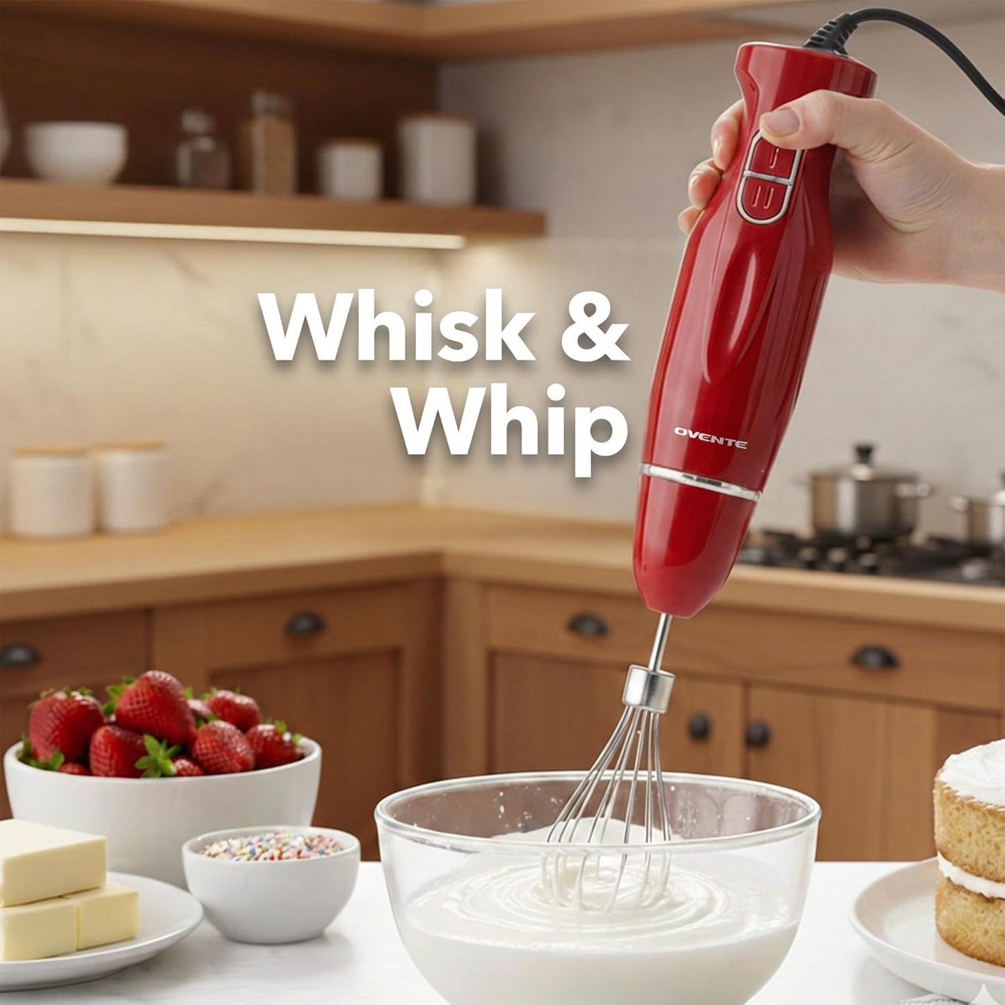 OVENTE Immersion Hand Blender Set - 300W Electric Stick Mixer with Stainless Steel Blades & Accessories, Red HS565R