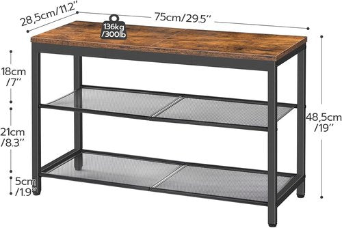 HOOBRO Shoe Bench - 3-Tier Industrial Shoe Organizer with Mesh Shelves - 29.5" Rustic Brown Entryway Storage
