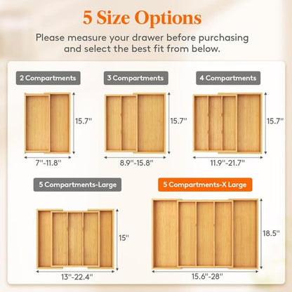 Lifewit Utensil Organizer - Expandable Kitchen Drawer Tray for Cutlery & Silverware | Natural Wood, 15.6-28 x 18.5