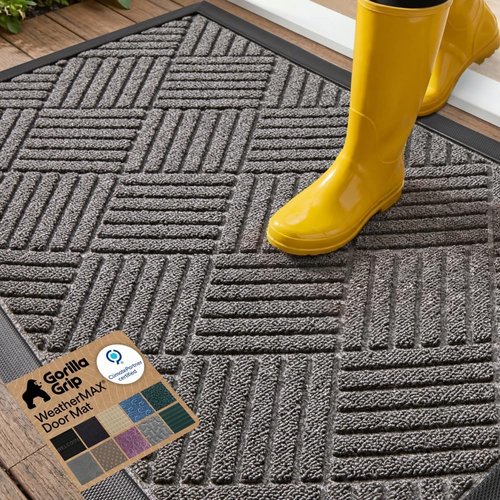 GORILLA GRIP Waterproof All-Season WeatherMAX Doormat - Natural Rubber, Stain Resistant, 29x17 Gray Diamond