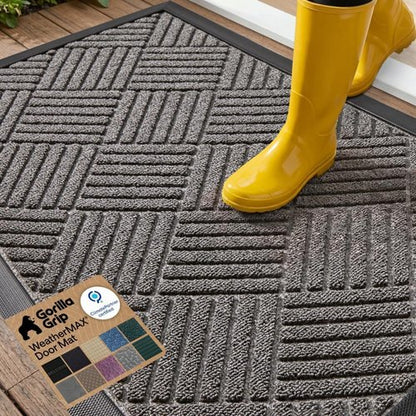 GORILLA GRIP Waterproof All-Season WeatherMAX Doormat - Natural Rubber, Stain Resistant, 29x17 Gray Diamond