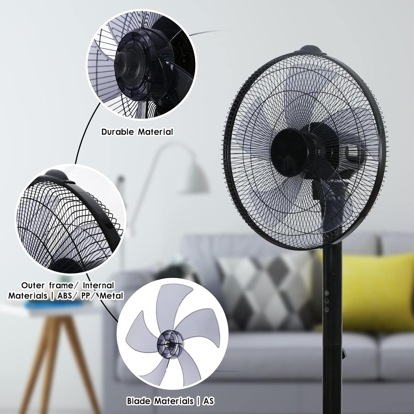 Simple Deluxe 16-Inch Stand Fan - Height Adjustable Pedestal Fan with Remote Control & 90-Degree Oscillation | Black