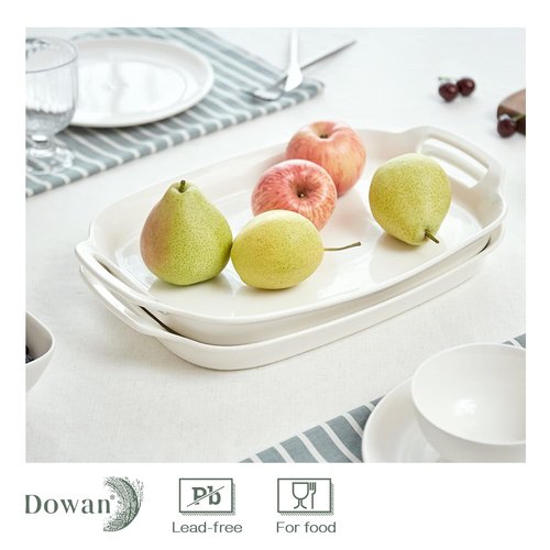 DOWAN Serving Tray - 15.4" Large Porcelain Platters with Handles for Weddings | Set of 2 White Dishes