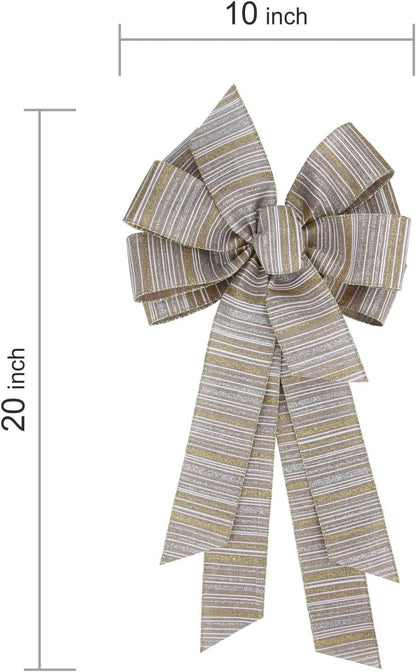 Meseey Large Burlap Ribbon Bow - Gold & Silver Glitter Stripe | 11 x 20 Inch for Christmas Gifts & Party Decor