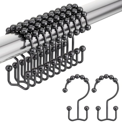Amazer Black Shower Curtain Hooks, Shower Curtain Hooks Rust Proof 12 Pcs Stainless Steel Shower Hooks for Shower Curtain, Double Shower Curtain Hooks for Bathroom Shower Rods Curtain