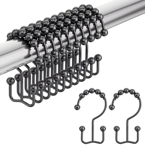 Amazer Black Shower Curtain Hooks, Shower Curtain Hooks Rust Proof 12 Pcs Stainless Steel Shower Hooks for Shower Curtain, Double Shower Curtain Hooks for Bathroom Shower Rods Curtain