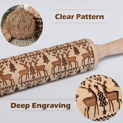 Embossed Rolling Pin for Baking Cookies Christmas Embossing Rolling Pins with Design Wooden Engraved Springerle Roller Pin Animal Dough Patterned Clay Pottery Ceramic Bakers Women (Reindeer & Tree)