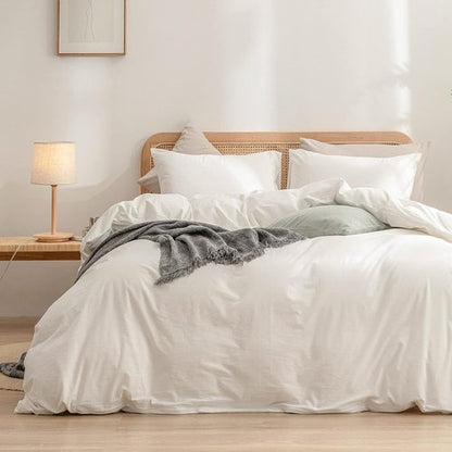 BESTOUCH Duvet Cover Set - 100% Washed Cotton for Soft Comfort | Chic Off-White Queen Size 3-Piece Bedding Set