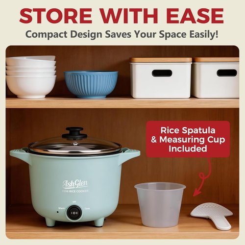 AshGlen Mini Rice Cooker - 2-Cup Uncooked | Electric Hot Pot & Steamer in Aqua Finish