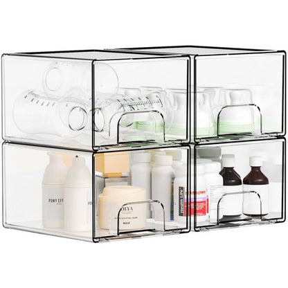 4.4" Tall Small Clear Acrylic Stackable Storage Drawers for Vanity,Under Sink,Bathroom Closet,Medicine Cabinet Organization and Plastic Storage Bins for Organizing Makeup,Baby Bottles,Pacifier,4 PCS