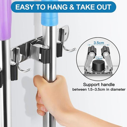 IMILLET Wall-Mounted Broom Holder - Heavy-Duty Stainless Steel Organizer for Home & Garage | 4 Racks & 5 Hooks