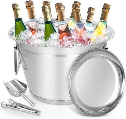 Large 16L Stainless Steel Ice Bucket for Parties – Stainless Steel High-Capacity Beverage Tub with Scoop & Tongs, Party Drink Chiller for Catering, Outdoor Events, Backyard BBQ