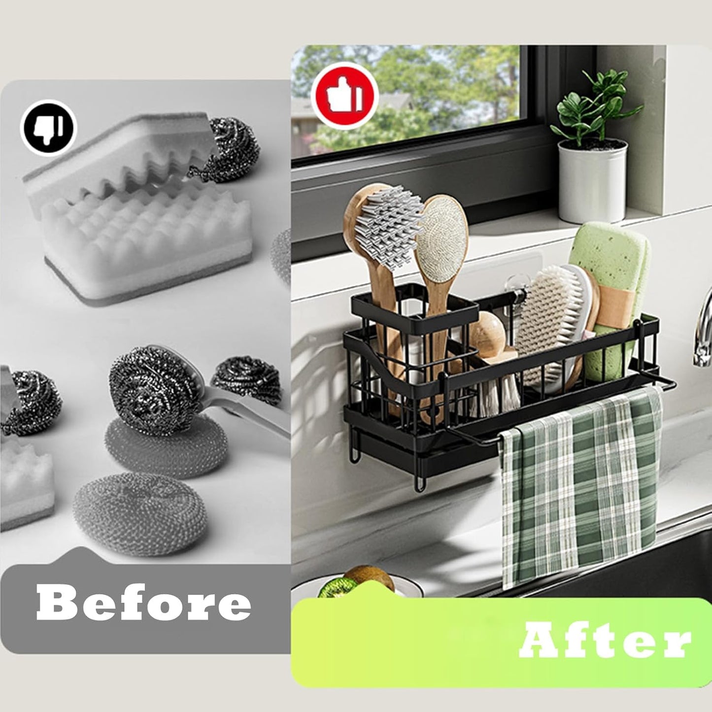 Sink Caddy Kitchen Organizer - Wall-Mounted Sponge Holder & Brush Storage | Rustproof 304 Stainless Steel