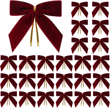 Utehilly Velvet Christmas Bows - 24 Pcs Burgundy Small Decorative Bows for Trees, Gifts & Crafts | 3.5 x 3.5 Inch