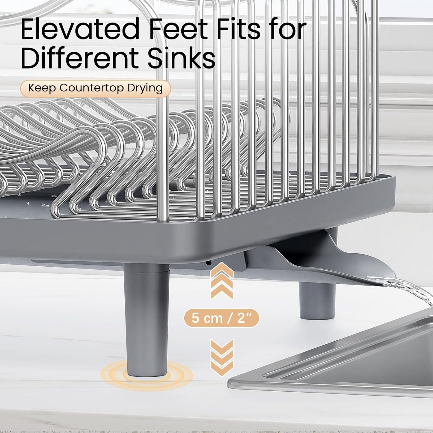 Skiennix Dish Drying Rack - Large Capacity Stainless Steel Kitchen Organizer with Auto Drain Spout | Gray