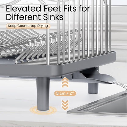 Skiennix Dish Drying Rack - Large Capacity Stainless Steel Kitchen Organizer with Auto Drain Spout | Gray