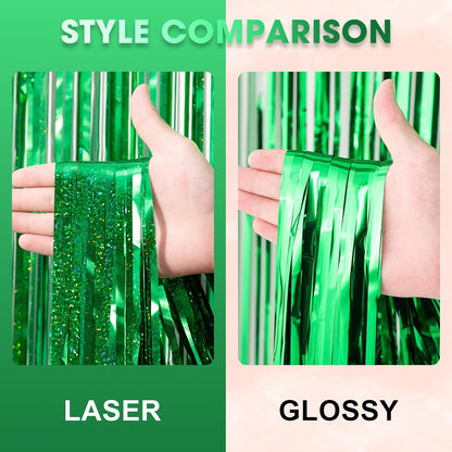 Voircoloria Laser Green Foil Fringe Backdrop Curtains - 3 Pack Tinsel Streamers for Parties & Events