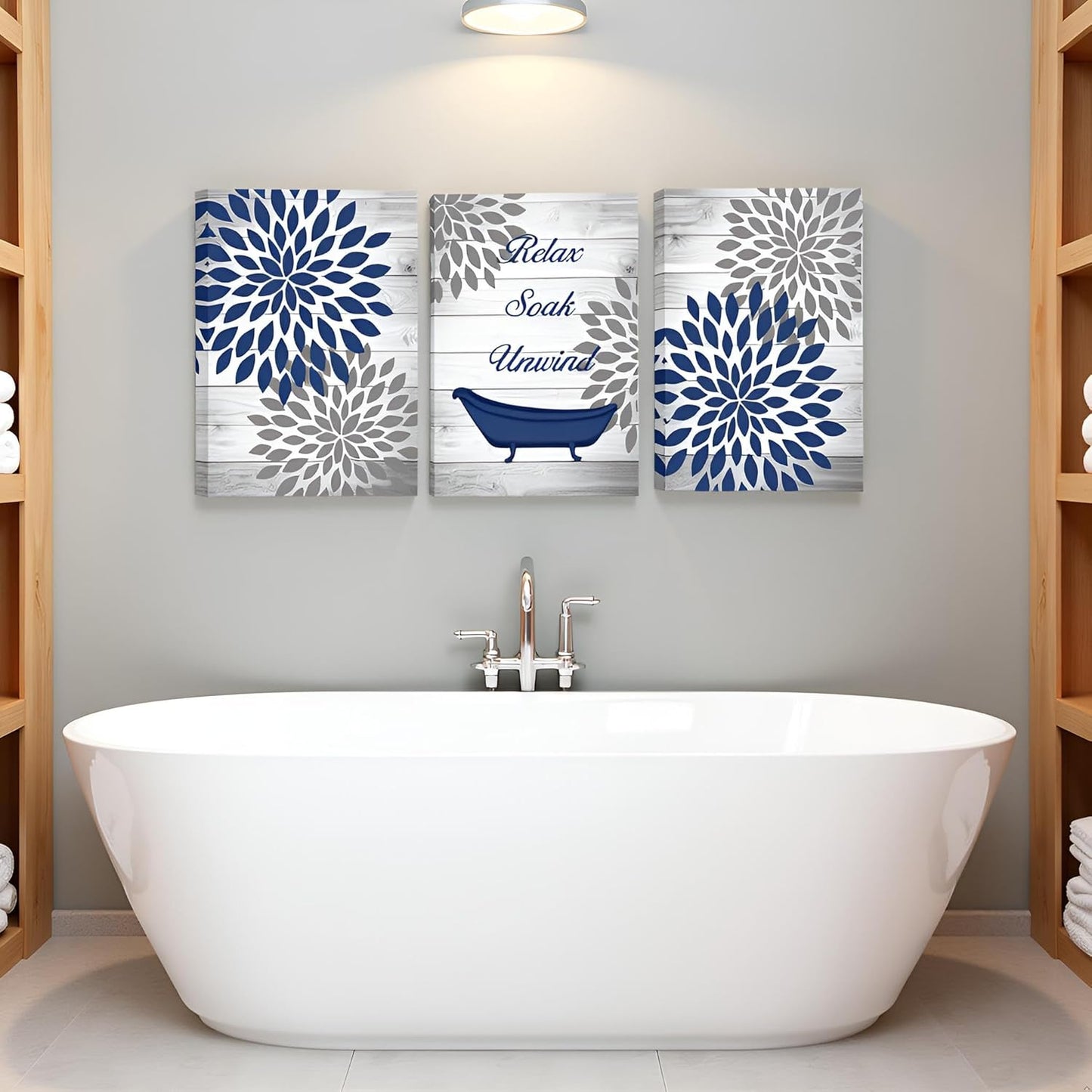 RnnJoile Rustic Floral Canvas Wall Art - Dahlia Relaxation Painting | Navy Blue Flower Print, 12x16 Inch Each