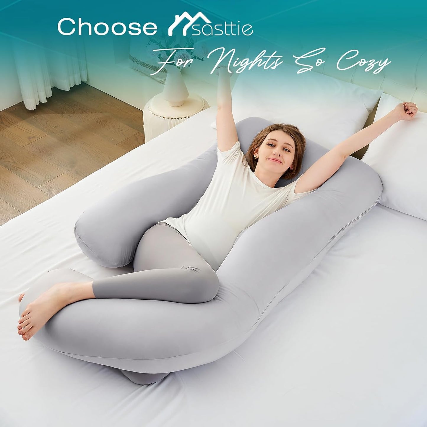 Sasttie U-Shaped Cooling Pregnancy Pillow - Full Body Support with Removable Cover | Light Grey