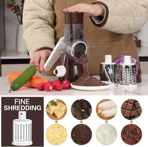 Cambom Rotary Cheese Grater - Hand Crank Shredder for Fresh Cheese, Vegetables & Nuts | Non-Slip Base, 3 Blades, Coffee Color